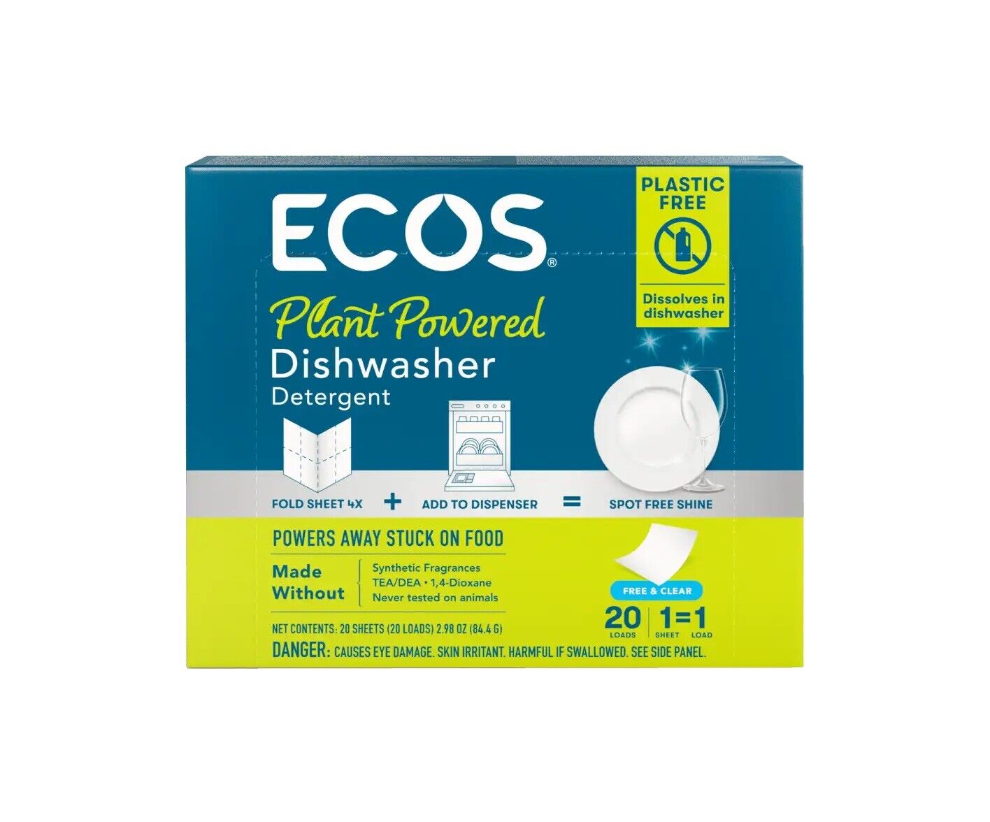 ECOS Plant Powered Dishwasher Sheets Detergent and Rinse Aid 20 Loads