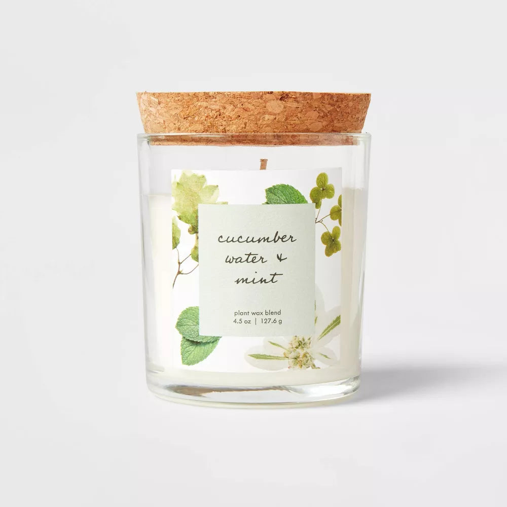4.5oz Glass Candle with Cork Lid Cucumber Water and Mint - Threshold