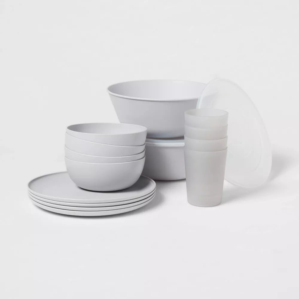 16pc Plastic Dishware Set Gray - Room Essentials